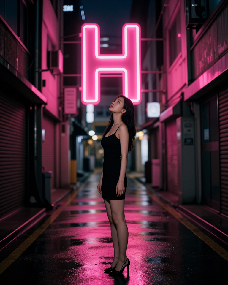 서울 골목의 네온 H